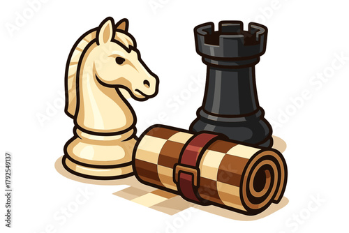 Classic chess pieces knight and rook next to a rolled checkered game board