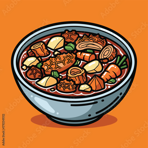 Illustrated bowl of hearty spicy meat and vegetable stew in broth.