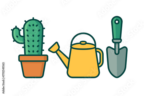 Potted cactus plant, yellow watering can, and small gardening trowel for home horticulture