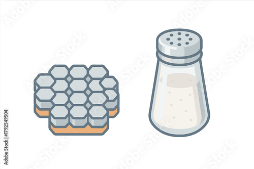 Classic glass salt shaker next to a stack of hexagonal charcoal briquettes