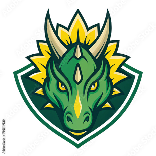 Stegosaurus Head Esport Mascot Logo Vector – Prehistoric Dinosaur Emblem with Solid Green and Yellow Flat Design, Modern Gaming Badge

