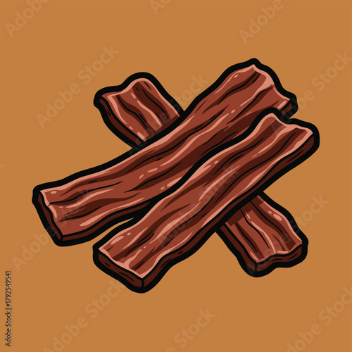 Hand drawn stylized illustration of crispy bacon strips on a brown background.