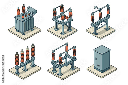 Isometric collection of electrical substation components including transformer and high voltage switches