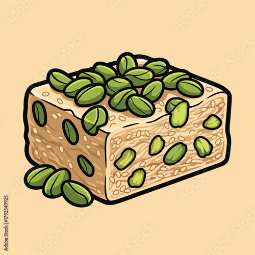 A cartoon vector illustration of a square piece of sesame halva generously topped with whole green pistachios.