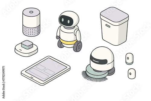Isometric set of futuristic smart home devices and artificial intelligence robots