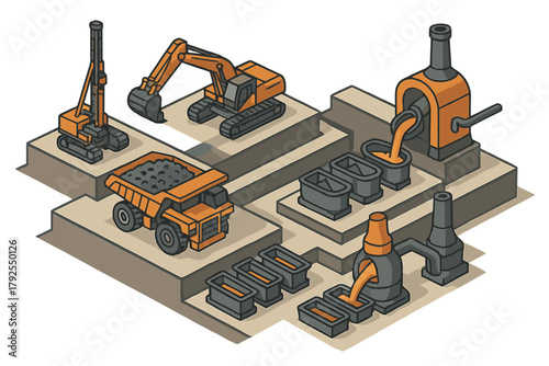 Heavy industry workflow featuring mining equipment, dump truck, and molten metal casting