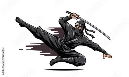 Dynamic Black Ninja Jump Kick with Katana