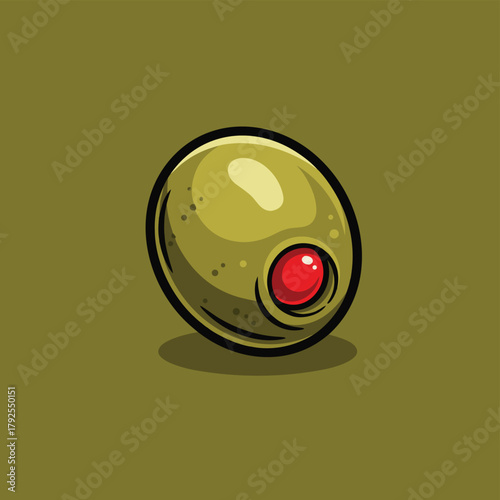 Illustration of a green olive with red pimento on flat background.