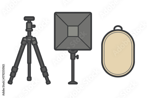 Essential studio photography equipment set featuring a camera tripod softbox and reflector