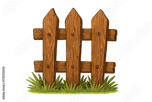 Stylized wooden picket fence section standing in green grass isolated on white
