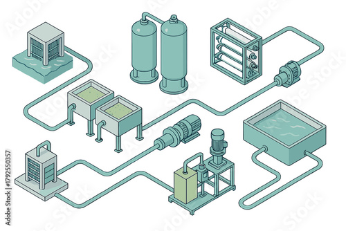 Isometric flow diagram of industrial water treatment and purification processes using machinery and tanks
