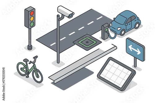 Smart city transportation elements including electric vehicle charging station, traffic light, and security camera