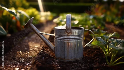Wallpaper Mural A rustic metal watering can, water streaming out, resting in a garden, with blurred greenery Torontodigital.ca