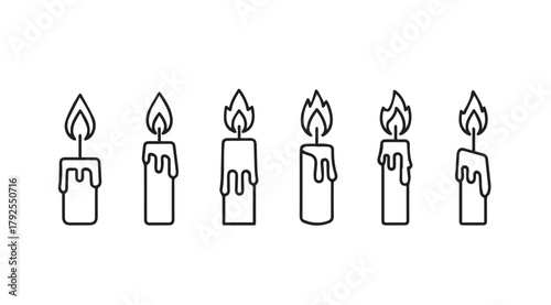 Six hand drawn dripping candles with flames in a simple outline silhouette