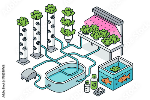 Closed-loop aquaponics farming system with fish tank, vertical towers, hydroponic beds, and grow lights