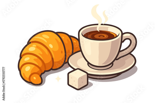Freshly baked golden croissant and steaming cup of hot coffee with sugar cube on saucer