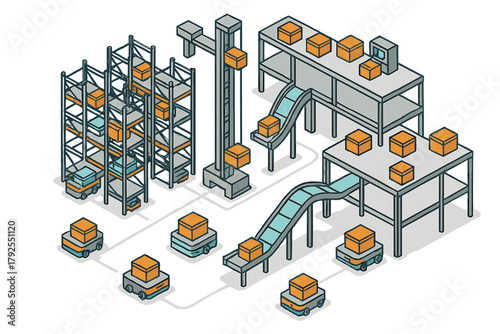 Automated logistics system with smart warehouse robots and conveyor technology