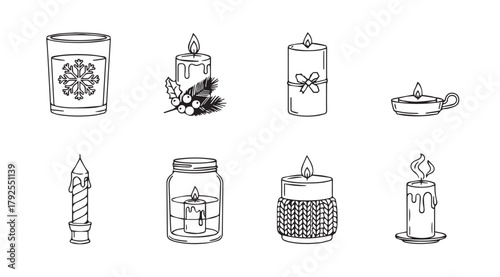 Collection of eight hand drawn candle illustrations in a simple line art silhouette style