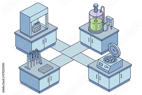 Essential scientific laboratory apparatus setup with bioreactor, centrifuge, pipettes, and fume hood