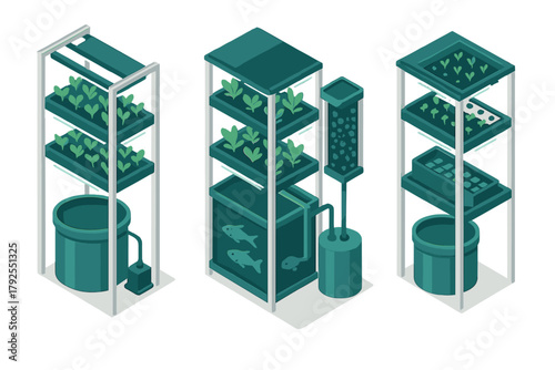 Modern vertical farming setups with hydroponic and aquaponic systems for sustainable food production