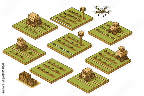 Modern smart farming system elements including autonomous vehicles, crop fields, and monitoring devices