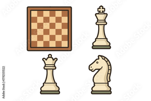 Classic chess game elements including the board, king, queen, and knight pieces isolated on white background