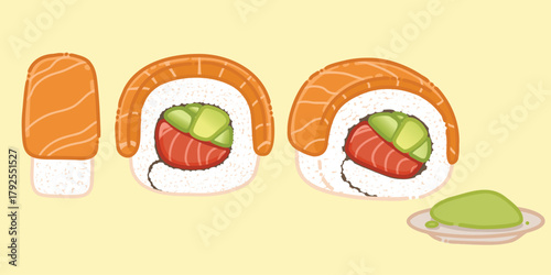 Salmon sushi roll vector illustration set — side, front, and isometric views of Japanese maki roll with tuna, vegetables, and salmon topping