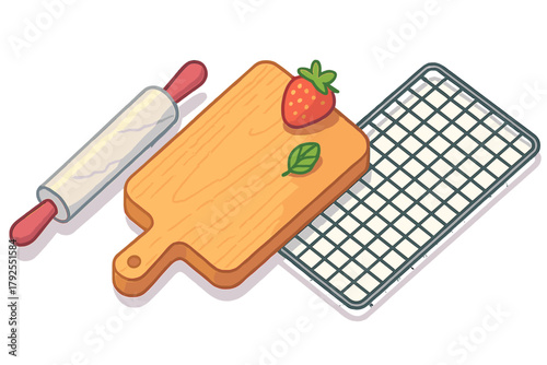 Kitchen preparation setup with rolling pin, wooden cutting board, cooling rack, and fresh strawberry