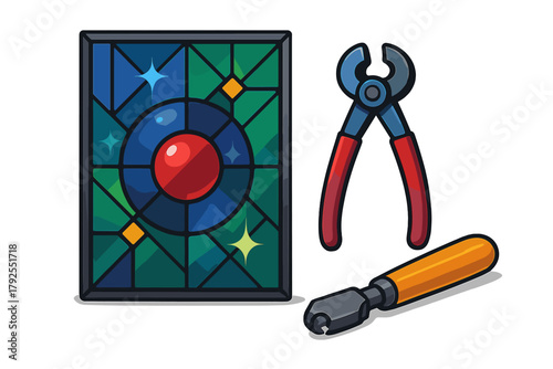 Stained glass panel with nippers and glass cutter tools for artistic craftwork and repair