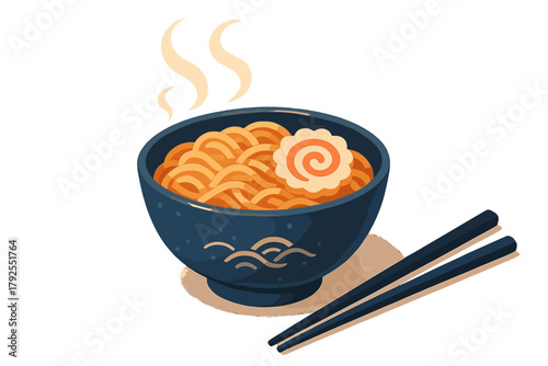 Steaming bowl of Japanese ramen noodles with narutomaki and dark chopsticks