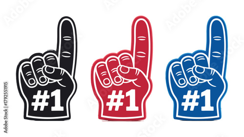 Foam finger number one hand symbols in black red and blue colors representing enthusiastic sports fan cheering accessories for events and celebrations