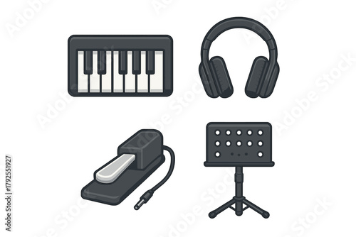Essential electronic music gear set featuring mini keyboard, professional headphones, sustain pedal, and music stand
