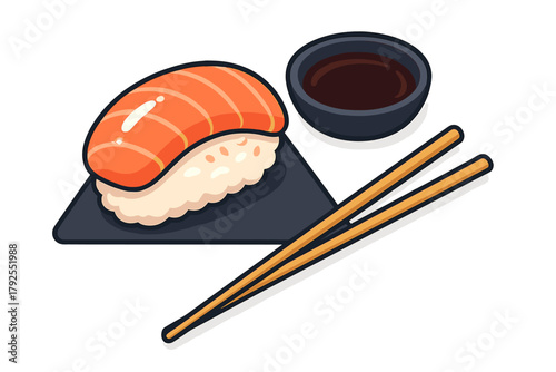 Traditional Japanese salmon nigiri sushi with rice served alongside soy sauce and chopsticks