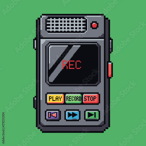A pixel art illustration of a retro digital voice recorder with a screen displaying "REC" and various control buttons.