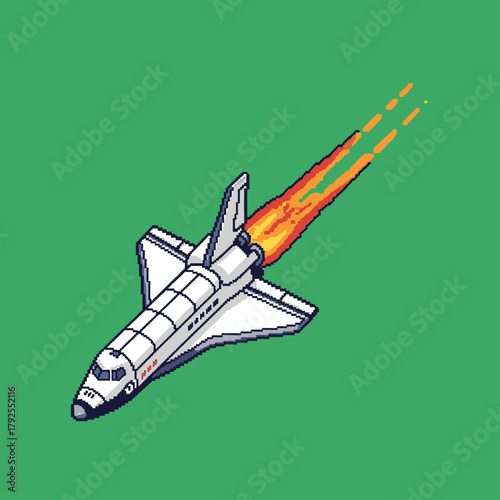 A pixel art isometric space shuttle launching with fiery exhaust against a solid green background.