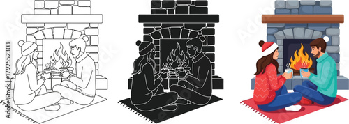 Cozy couple by fireplace, enjoying warm drinks and each others company during holiday season