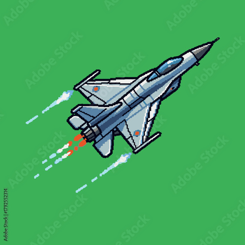 Pixel art illustration of a grey fighter jet with exhaust flames and contrails flying on a solid green background.