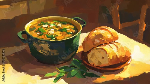 Soup and fresh bread on a rustic wooden table