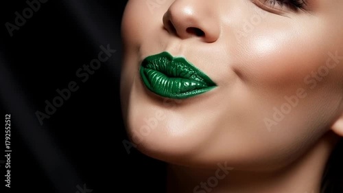 Close-up of a womans lips with vibrant green lipstick.