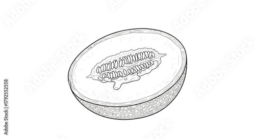Monochrome depiction of a halved cantaloupe melon with visible seeds