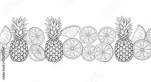 Monochrome delight of hand-drawn pineapple and orange slices illustration