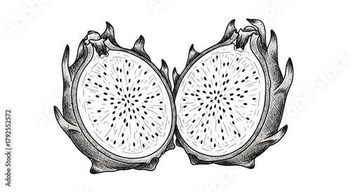 Monochrome drawing of two dragon fruit halves, a healthy food illustration
