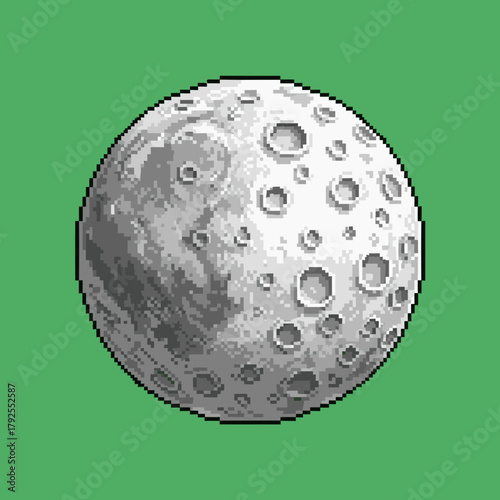 Detailed pixel art illustration of the moon with visible craters against a solid green background.