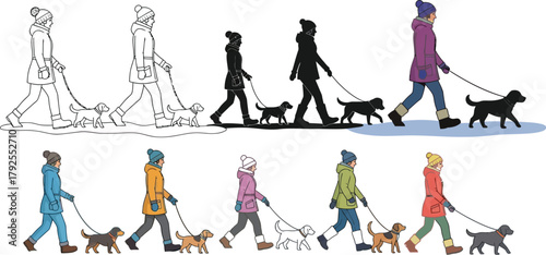 Woman walking dog in winter, showcasing various styles and colors in a seasonal outdoor scene
