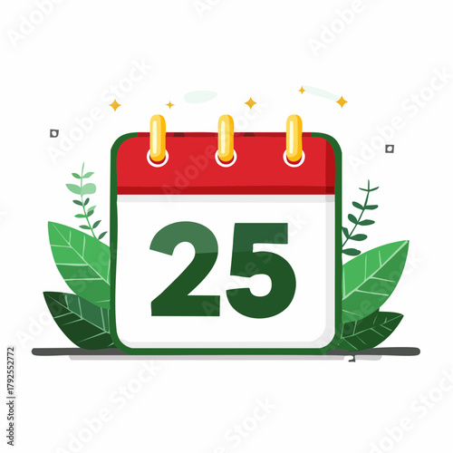 Calendar with the number 25 surrounded by leaves.