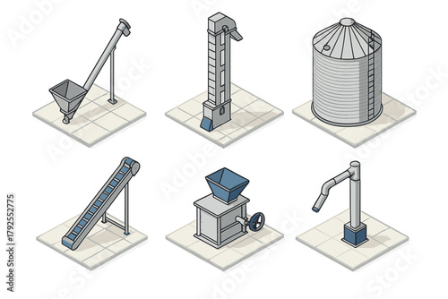 Isometric collection of farm and industrial equipment for grain handling and storage