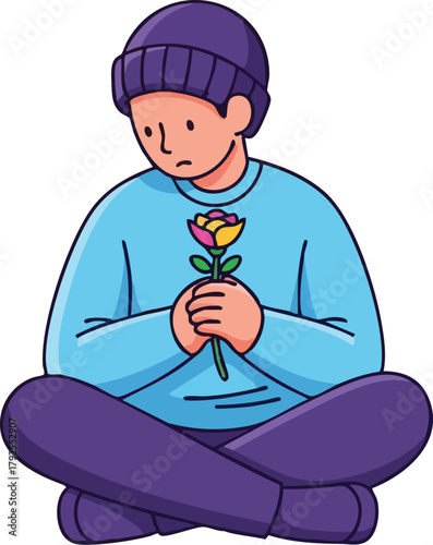 A melancholic cartoon man sits cross-legged holding a flower as a tribute with a memorial mood against a clean white background.