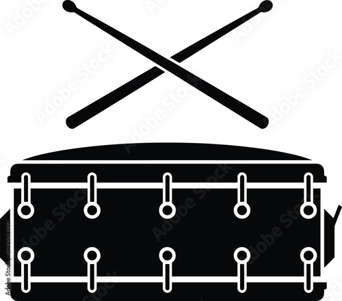 Black and white drum vector illustration with crossed drumsticks, perfect for music logo, percussion instrument design, and artistic decoration