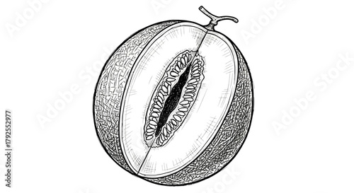 Monochrome Sketch Illustration of Half Cut Muskmelon with Detailed Texture