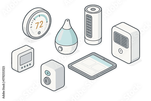 Modern smart home devices set with thermostat humidifier and air purifier
